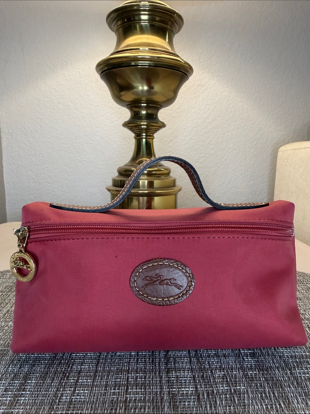 Longchamp Rose Red Cosmetic Pouch with Leather Trim
